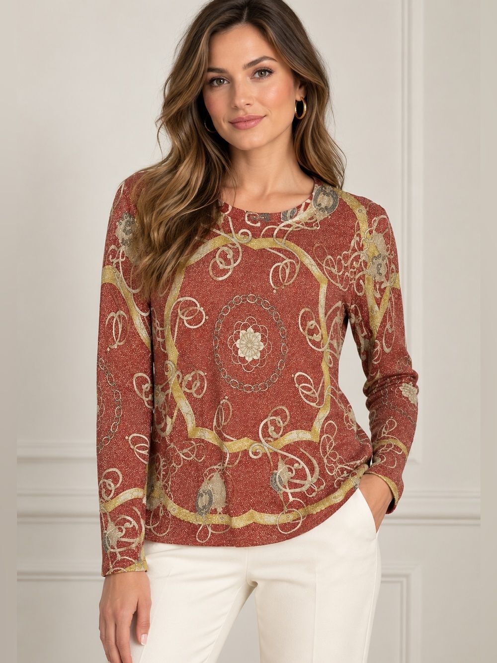 J. McLaughlin L Metallic Lurex Baroque Scroll Print Long Sleeve Top
